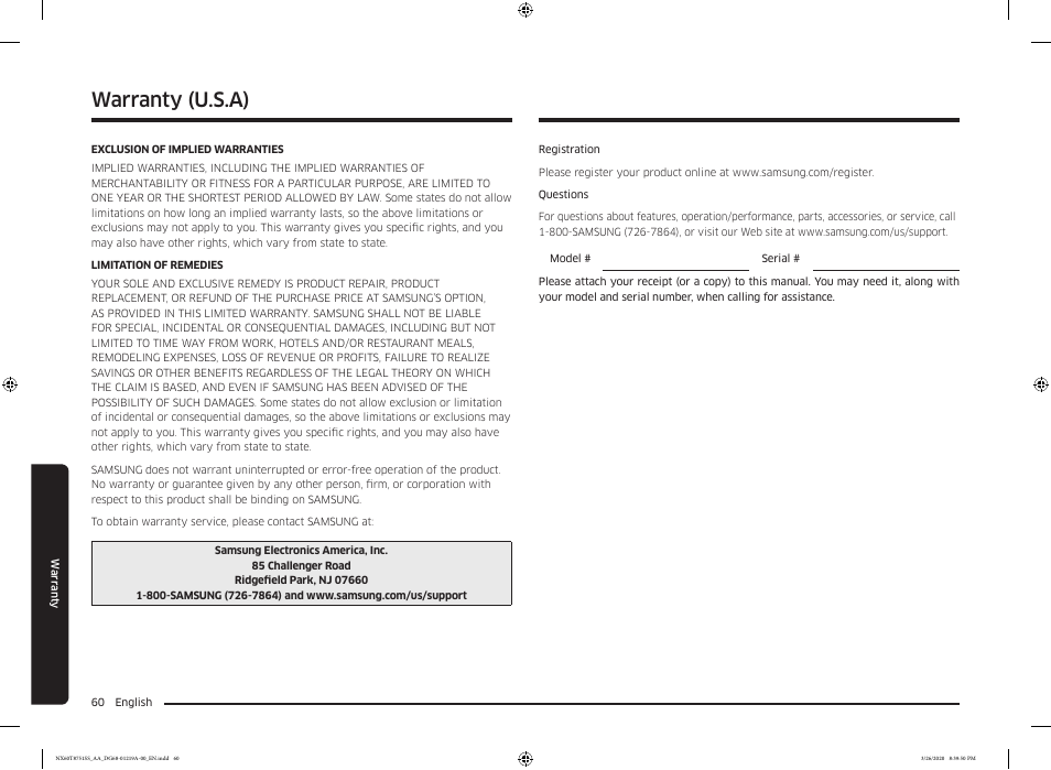 Warranty, Warranty (u.s.a) | Samsung 30 Inch Slide-in Gas Smart Range Owner Manual User Manual | Page 60 / 192