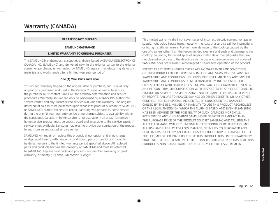 Warranty (canada) | Samsung 30 Inch Slide-in Gas Smart Range Owner Manual User Manual | Page 61 / 192