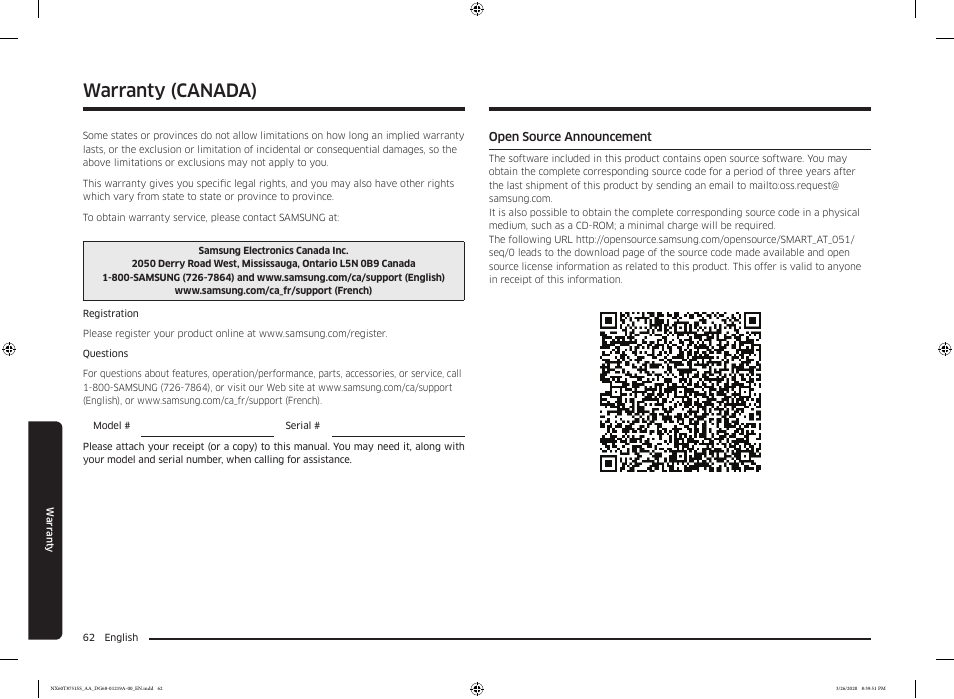 Open source announcement, Warranty, Warranty (canada) | Samsung 30 Inch Slide-in Gas Smart Range Owner Manual User Manual | Page 62 / 192