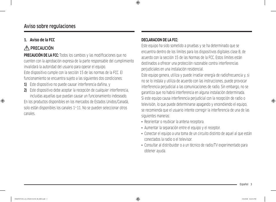 Aviso sobre regulaciones | Samsung 30 Inch Slide-in Gas Smart Range Owner Manual User Manual | Page 67 / 192