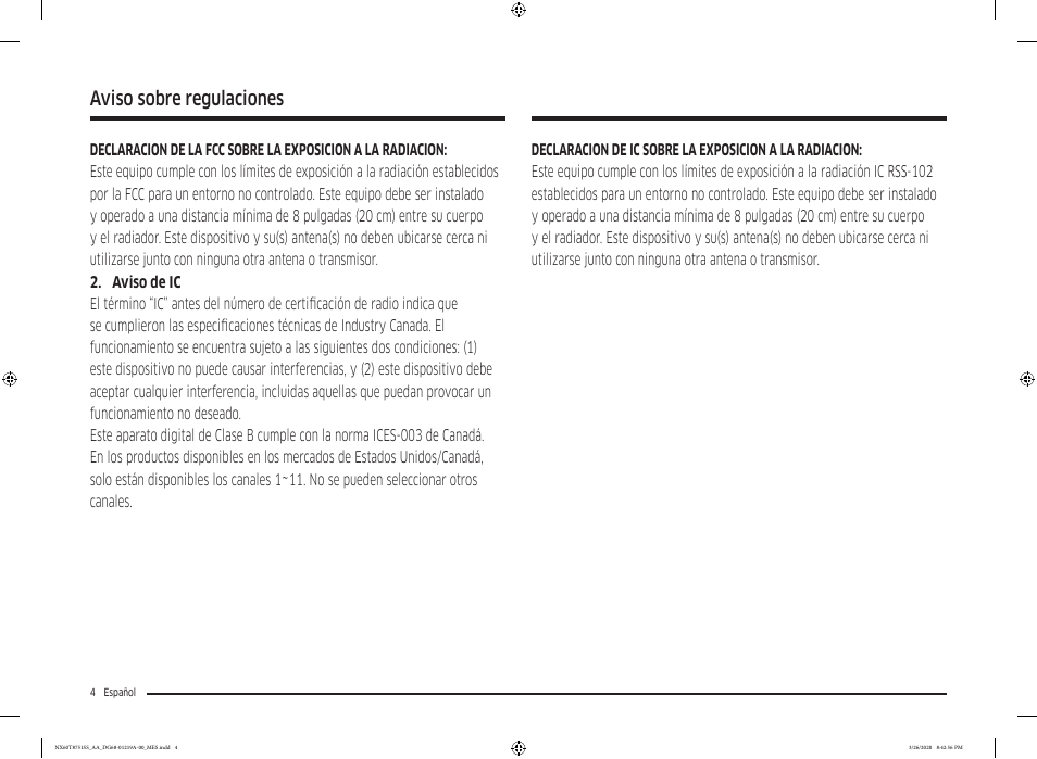 Aviso sobre regulaciones | Samsung 30 Inch Slide-in Gas Smart Range Owner Manual User Manual | Page 68 / 192