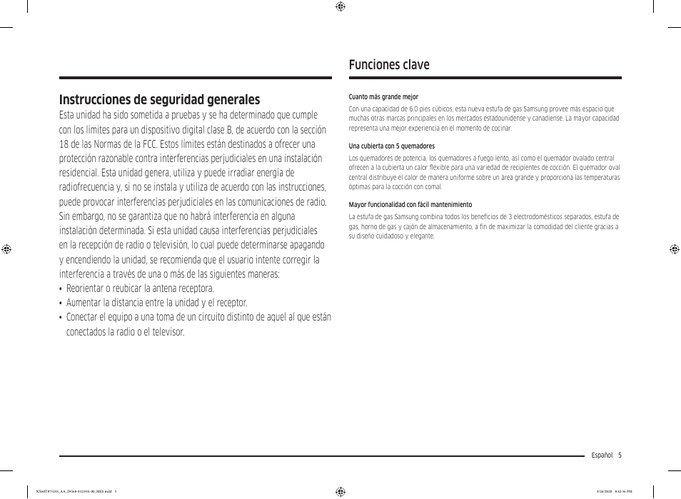 Funciones clave, Instrucciones de seguridad generales | Samsung 30 Inch Slide-in Gas Smart Range Owner Manual User Manual | Page 69 / 192