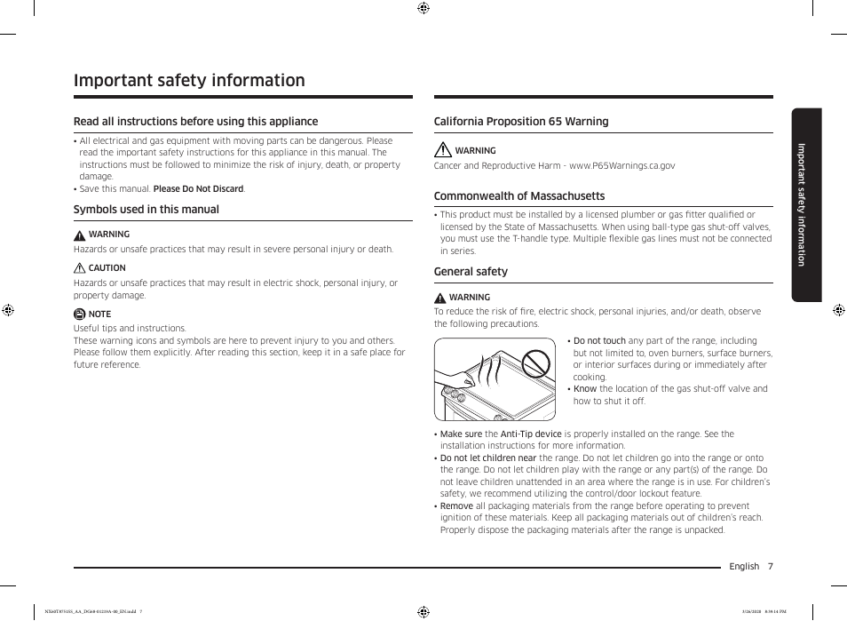 Important safety information | Samsung 30 Inch Slide-in Gas Smart Range Owner Manual User Manual | Page 7 / 192