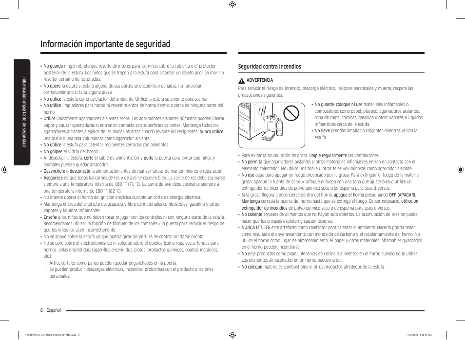 Información importante de seguridad | Samsung 30 Inch Slide-in Gas Smart Range Owner Manual User Manual | Page 72 / 192