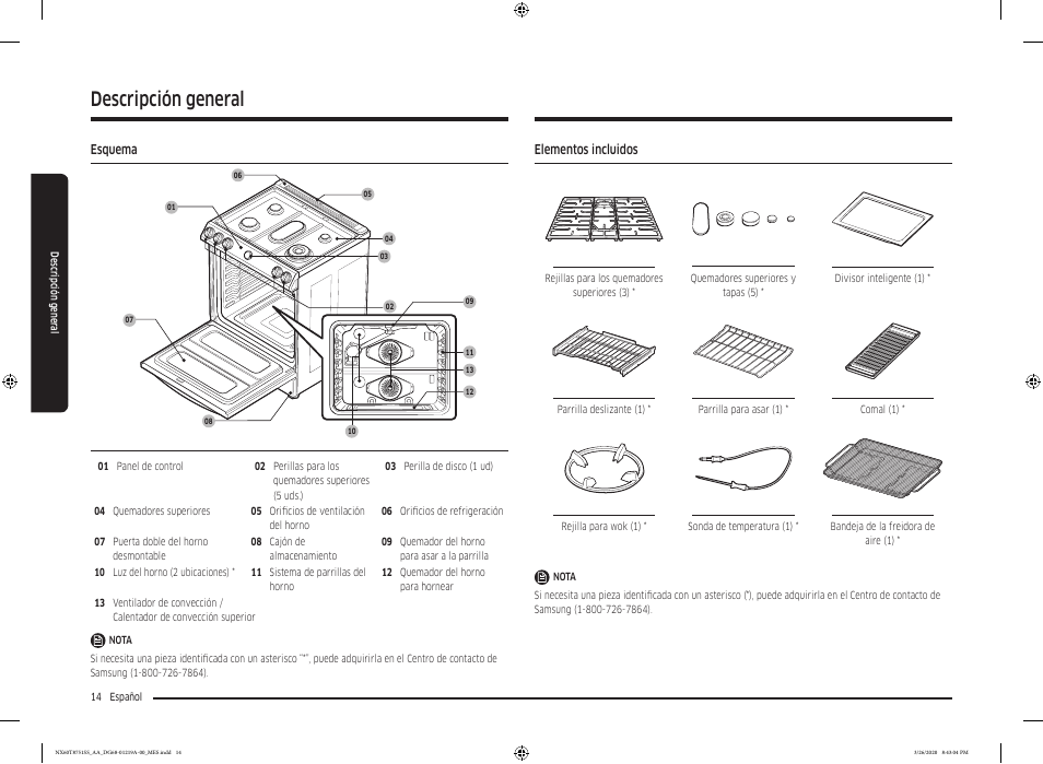 Descripción general, Esquema, Elementos incluidos | Esquema 14 elementos incluidos | Samsung 30 Inch Slide-in Gas Smart Range Owner Manual User Manual | Page 78 / 192