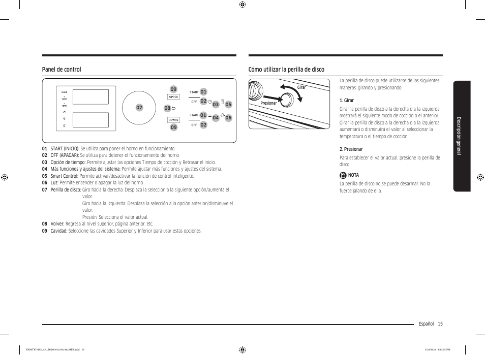 Panel de control, Cómo utilizar la perilla de disco | Samsung 30 Inch Slide-in Gas Smart Range Owner Manual User Manual | Page 79 / 192