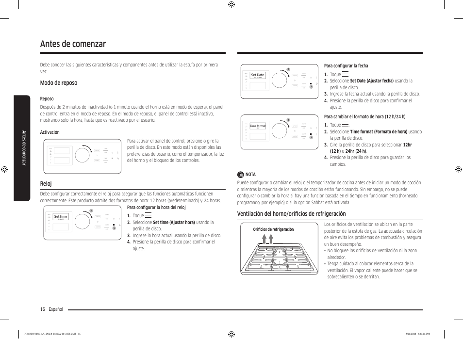 Antes de comenzar, Modo de reposo, Reloj | Ventilación del horno/orificios de refrigeración | Samsung 30 Inch Slide-in Gas Smart Range Owner Manual User Manual | Page 80 / 192