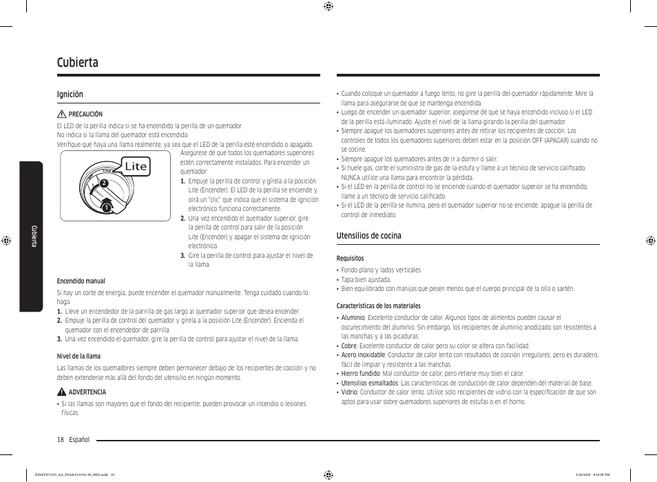 Ignición, Utensilios de cocina, Ignición 18 utensilios de cocina | Cubierta | Samsung 30 Inch Slide-in Gas Smart Range Owner Manual User Manual | Page 82 / 192