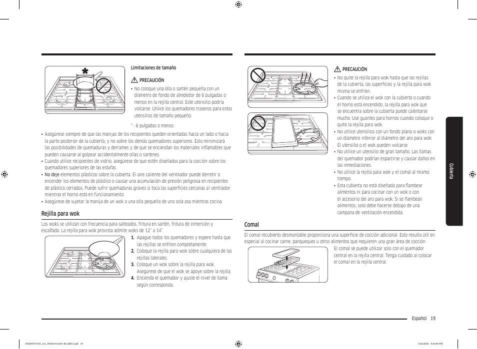 Rejilla para wok, Comal, Comal 19 | Samsung 30 Inch Slide-in Gas Smart Range Owner Manual User Manual | Page 83 / 192