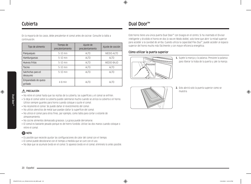 Dual door, Cómo utilizar la puerta superior, Cubierta | Samsung 30 Inch Slide-in Gas Smart Range Owner Manual User Manual | Page 84 / 192