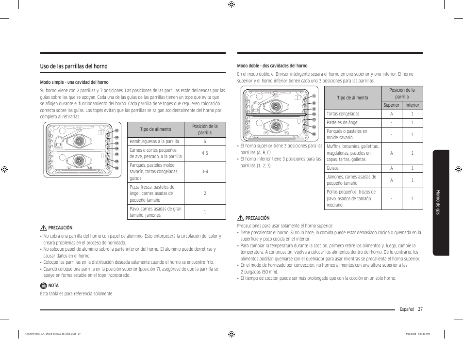 Uso de las parrillas del horno | Samsung 30 Inch Slide-in Gas Smart Range Owner Manual User Manual | Page 91 / 192