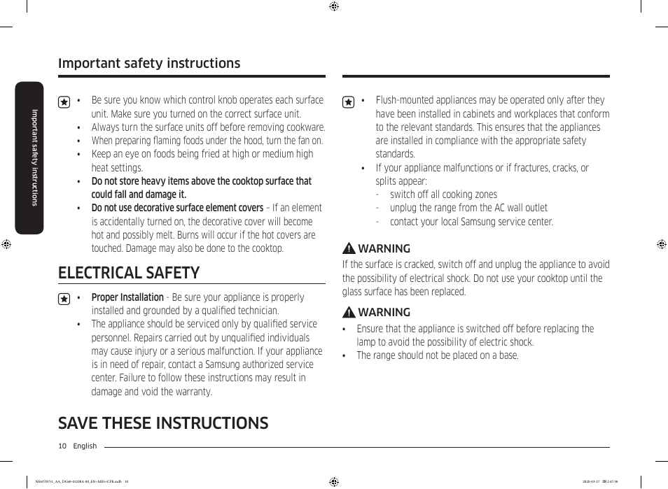 Save these instructions, Electrical safety, Important safety instructions | Samsung 30 Inch Slide-in Electric Smart Range Owner Manual User Manual | Page 10 / 216