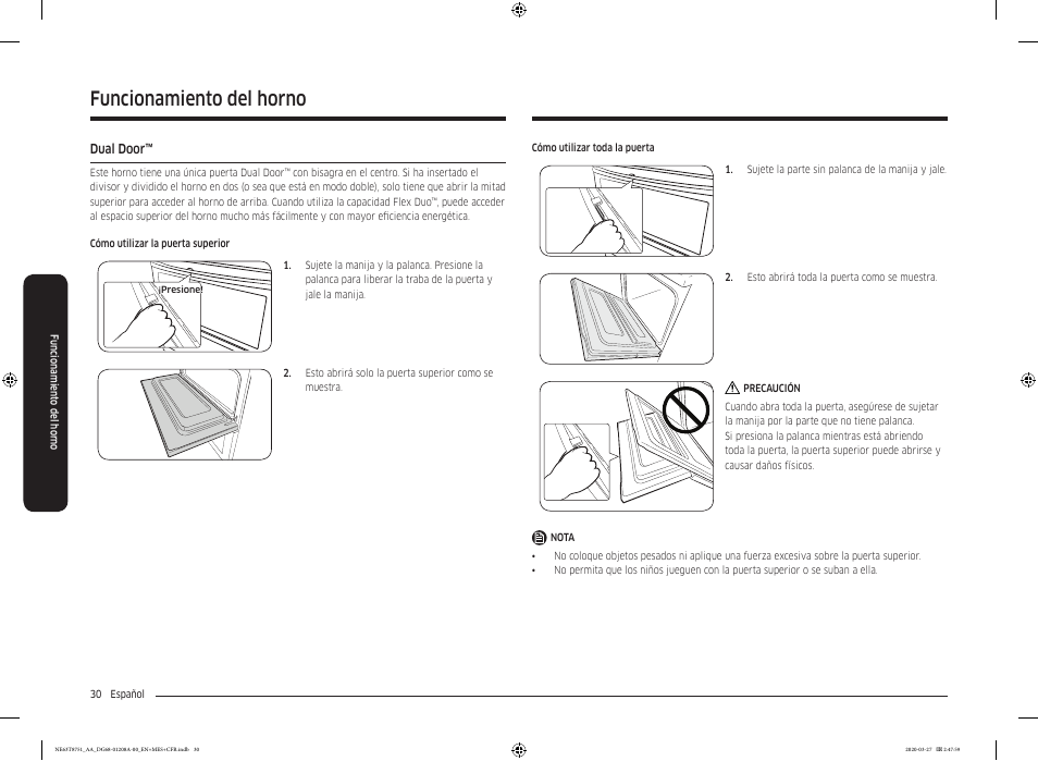 Dual door, Funcionamiento del horno | Samsung 30 Inch Slide-in Electric Smart Range Owner Manual User Manual | Page 102 / 216