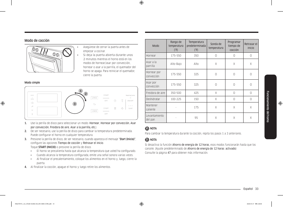 Modo de cocción | Samsung 30 Inch Slide-in Electric Smart Range Owner Manual User Manual | Page 105 / 216