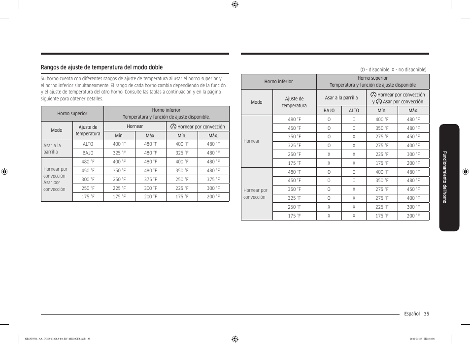 Rangos de ajuste de temperatura del modo doble | Samsung 30 Inch Slide-in Electric Smart Range Owner Manual User Manual | Page 107 / 216