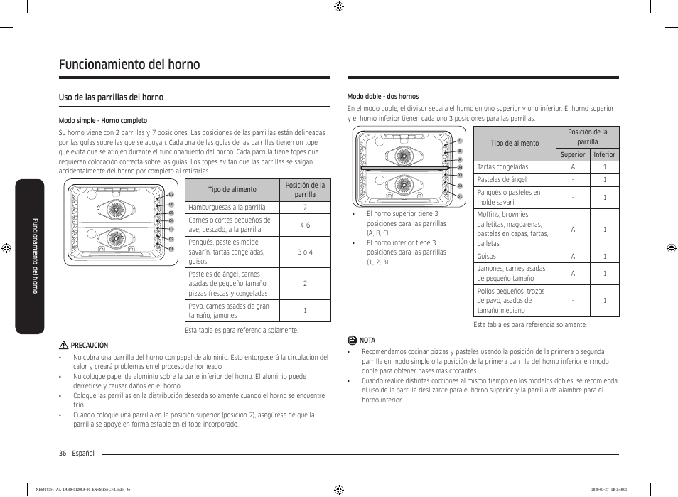 Uso de las parrillas del horno, Funcionamiento del horno | Samsung 30 Inch Slide-in Electric Smart Range Owner Manual User Manual | Page 108 / 216