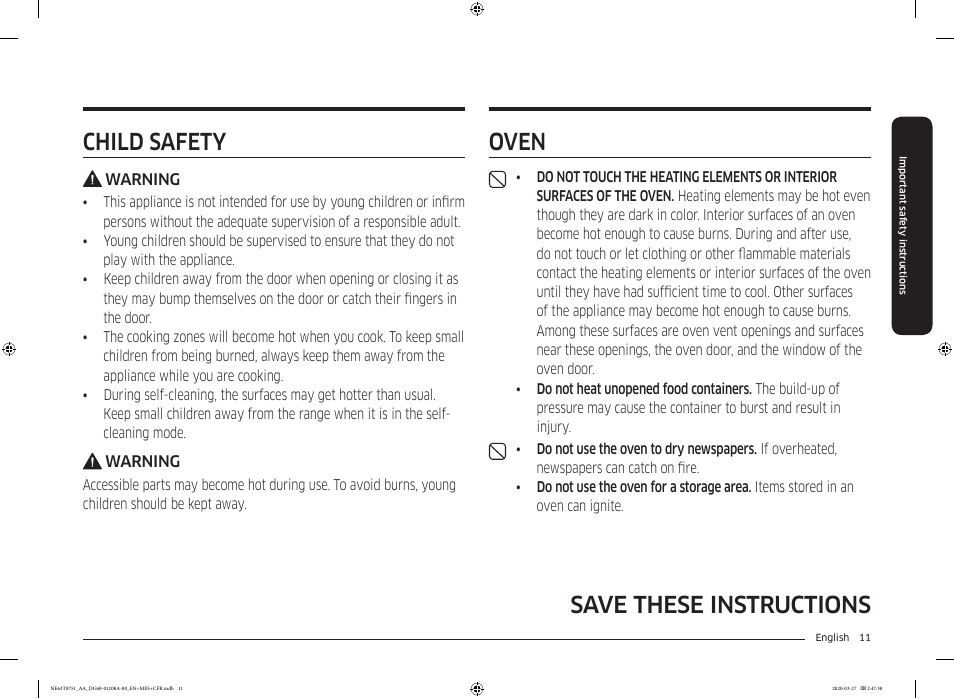 Save these instructions oven, Child safety | Samsung 30 Inch Slide-in Electric Smart Range Owner Manual User Manual | Page 11 / 216