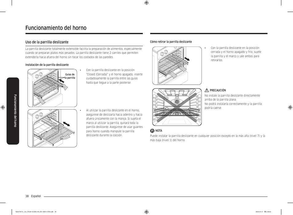 Uso de la parrilla deslizante, Funcionamiento del horno | Samsung 30 Inch Slide-in Electric Smart Range Owner Manual User Manual | Page 110 / 216