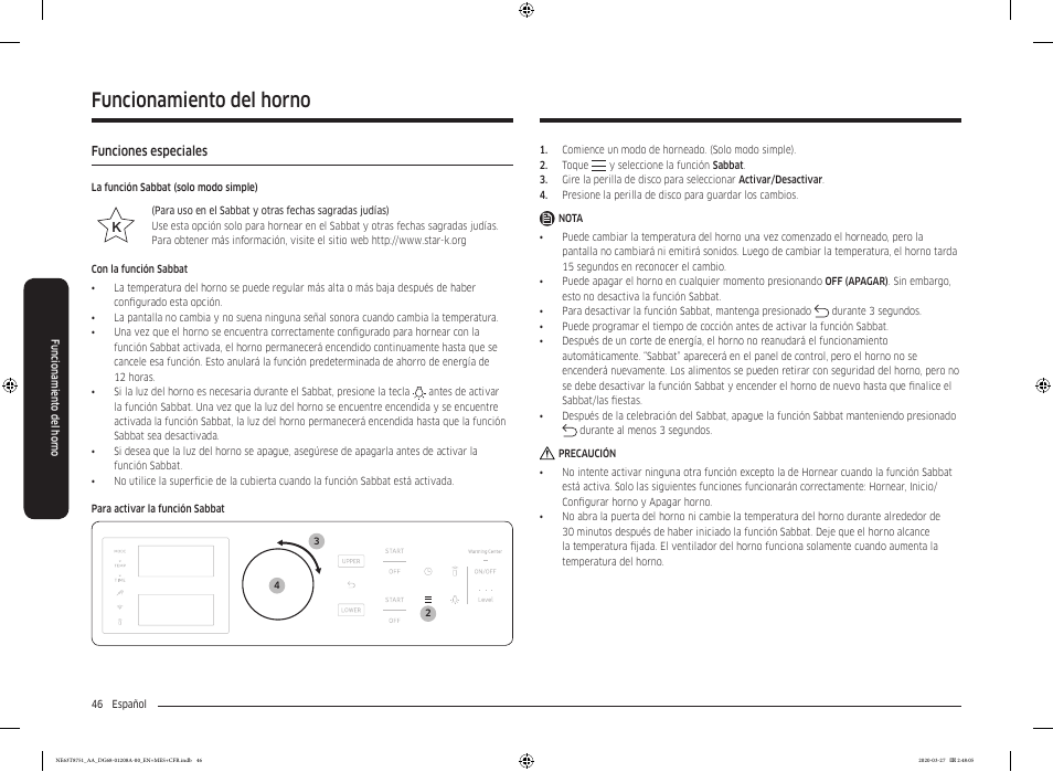 Funciones especiales, Funcionamiento del horno | Samsung 30 Inch Slide-in Electric Smart Range Owner Manual User Manual | Page 118 / 216