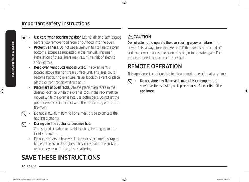 Save these instructions, Remote operation, Important safety instructions | Samsung 30 Inch Slide-in Electric Smart Range Owner Manual User Manual | Page 12 / 216