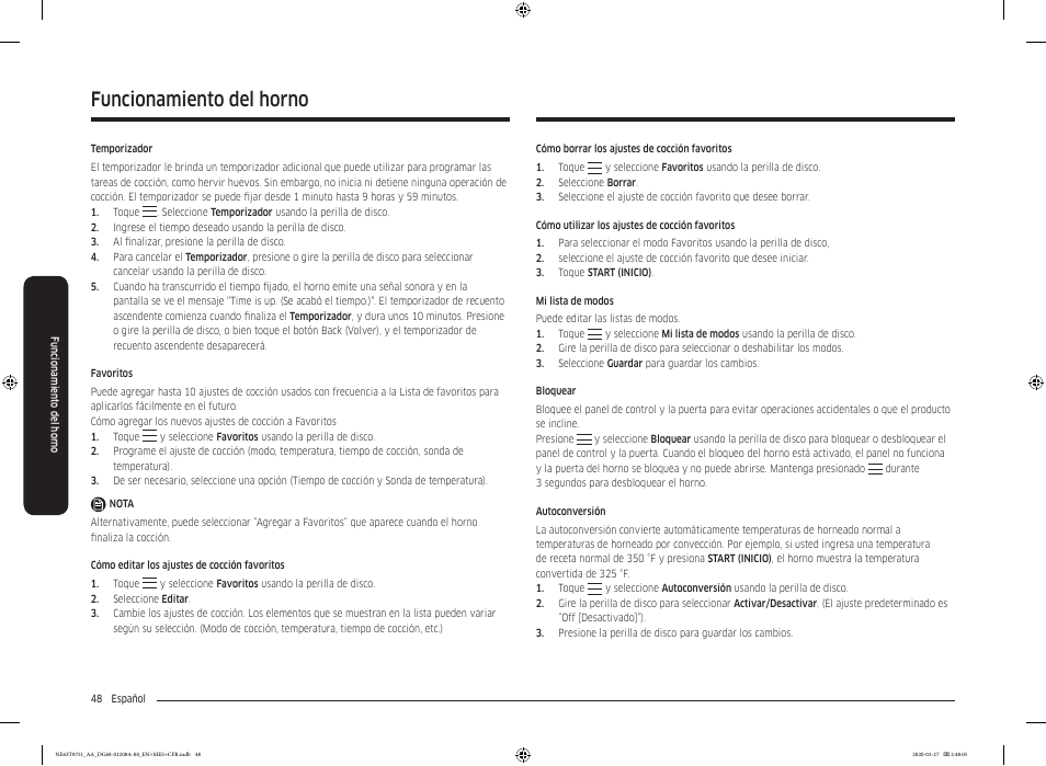 Funcionamiento del horno | Samsung 30 Inch Slide-in Electric Smart Range Owner Manual User Manual | Page 120 / 216