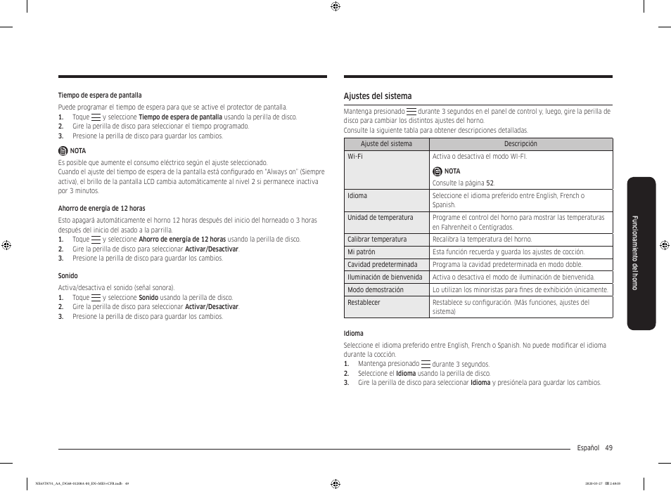 Ajustes del sistema | Samsung 30 Inch Slide-in Electric Smart Range Owner Manual User Manual | Page 121 / 216