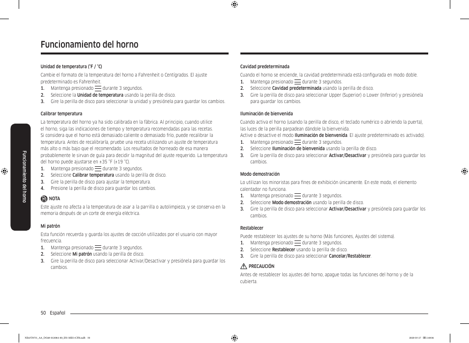 Funcionamiento del horno | Samsung 30 Inch Slide-in Electric Smart Range Owner Manual User Manual | Page 122 / 216