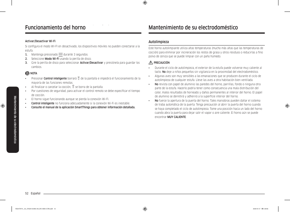 Mantenimiento de su electrodoméstico, Autolimpieza, Autolimpieza 52 | Funcionamiento del horno | Samsung 30 Inch Slide-in Electric Smart Range Owner Manual User Manual | Page 124 / 216
