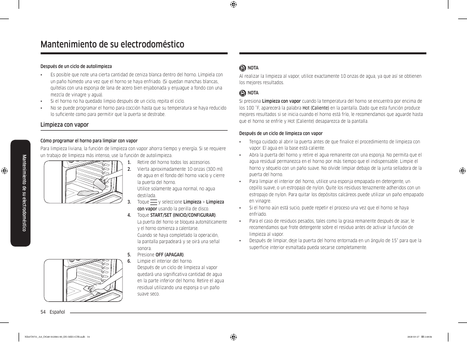 Limpieza con vapor, Mantenimiento de su electrodoméstico | Samsung 30 Inch Slide-in Electric Smart Range Owner Manual User Manual | Page 126 / 216