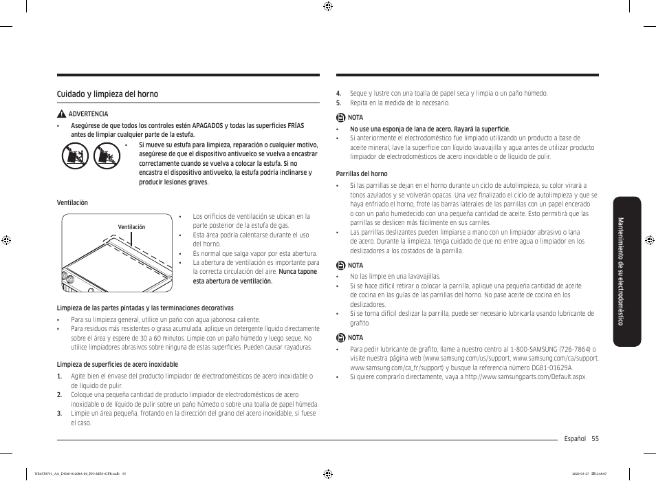 Cuidado y limpieza del horno | Samsung 30 Inch Slide-in Electric Smart Range Owner Manual User Manual | Page 127 / 216