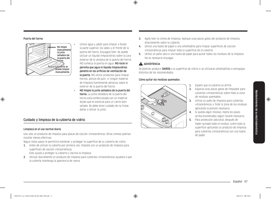 Cuidado y limpieza de la cubierta de vidrio | Samsung 30 Inch Slide-in Electric Smart Range Owner Manual User Manual | Page 129 / 216