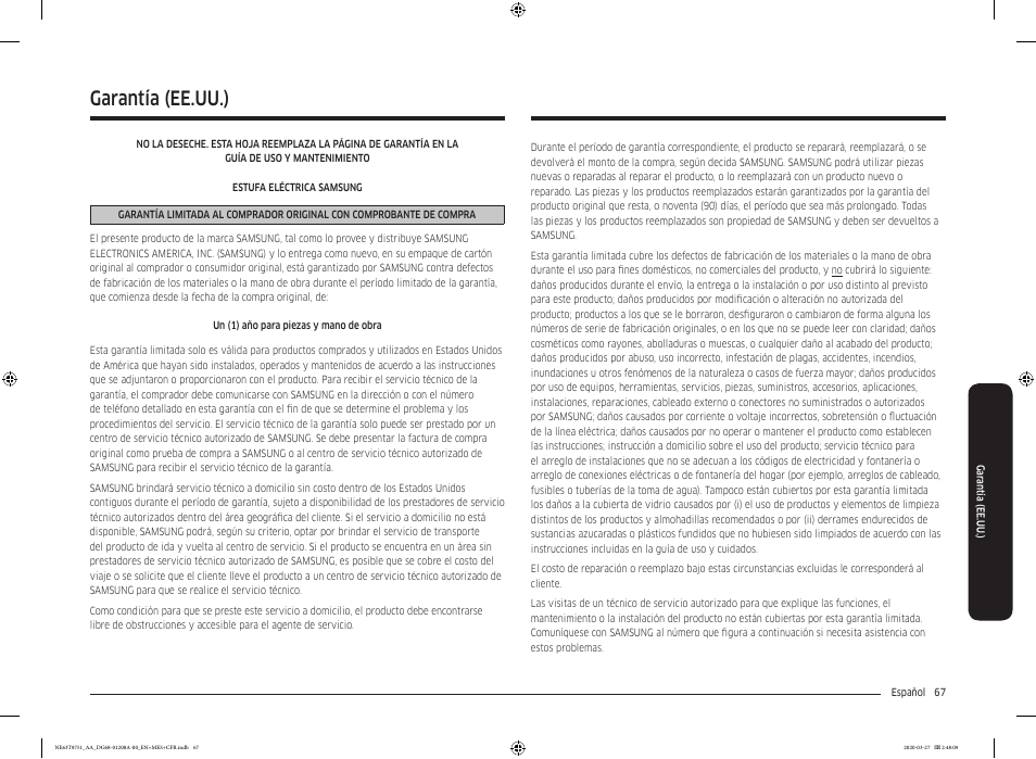 Garantía (ee.uu.) | Samsung 30 Inch Slide-in Electric Smart Range Owner Manual User Manual | Page 139 / 216