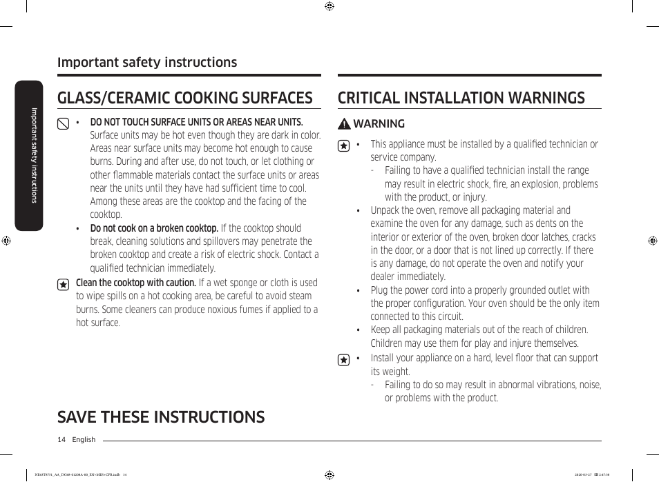 Glass/ceramic cooking surfaces, Important safety instructions | Samsung 30 Inch Slide-in Electric Smart Range Owner Manual User Manual | Page 14 / 216