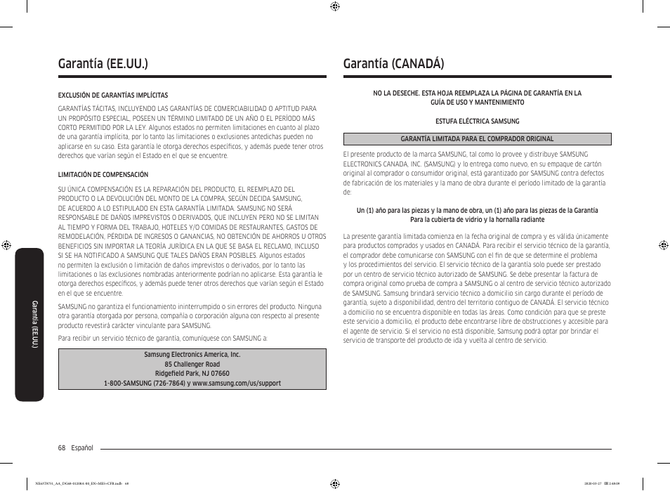Garantía (canadá), Garantía (ee.uu.) | Samsung 30 Inch Slide-in Electric Smart Range Owner Manual User Manual | Page 140 / 216