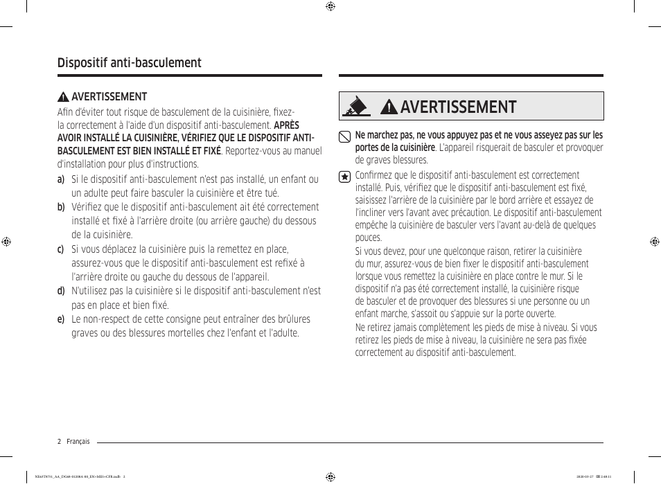Avertissement, Dispositif anti-basculement | Samsung 30 Inch Slide-in Electric Smart Range Owner Manual User Manual | Page 146 / 216