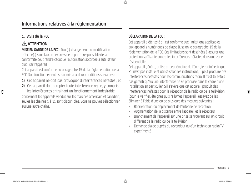 Informations relatives à la réglementation | Samsung 30 Inch Slide-in Electric Smart Range Owner Manual User Manual | Page 147 / 216