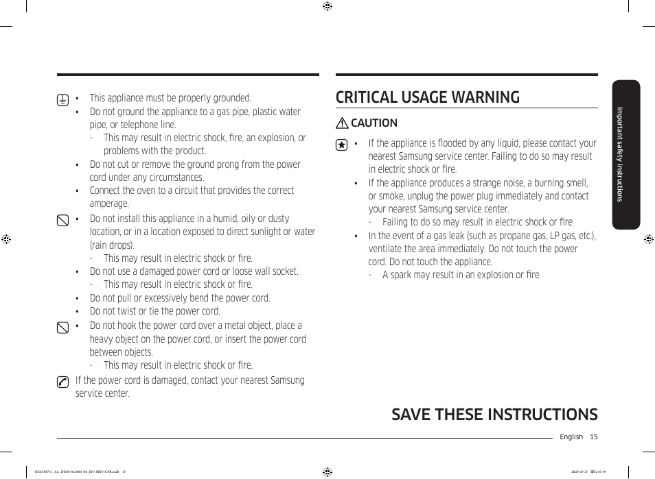 Save these instructions critical usage warning | Samsung 30 Inch Slide-in Electric Smart Range Owner Manual User Manual | Page 15 / 216