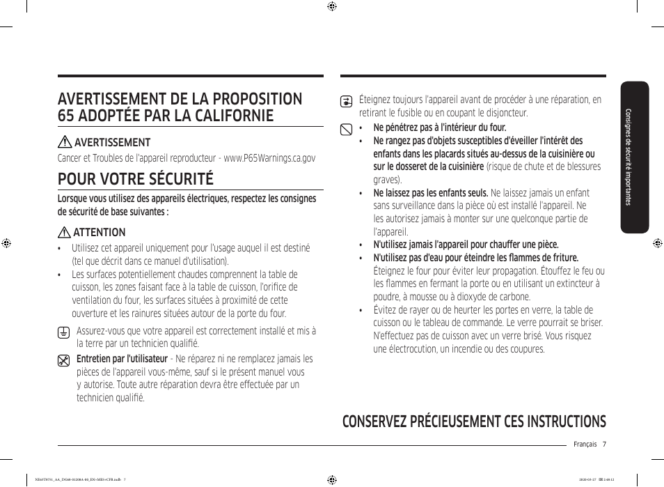 Pour votre sécurité | Samsung 30 Inch Slide-in Electric Smart Range Owner Manual User Manual | Page 151 / 216