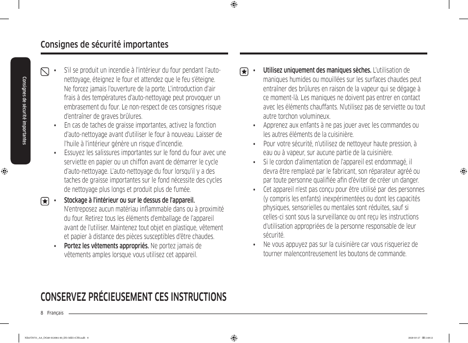 Conservez précieusement ces instructions, Consignes de sécurité importantes | Samsung 30 Inch Slide-in Electric Smart Range Owner Manual User Manual | Page 152 / 216