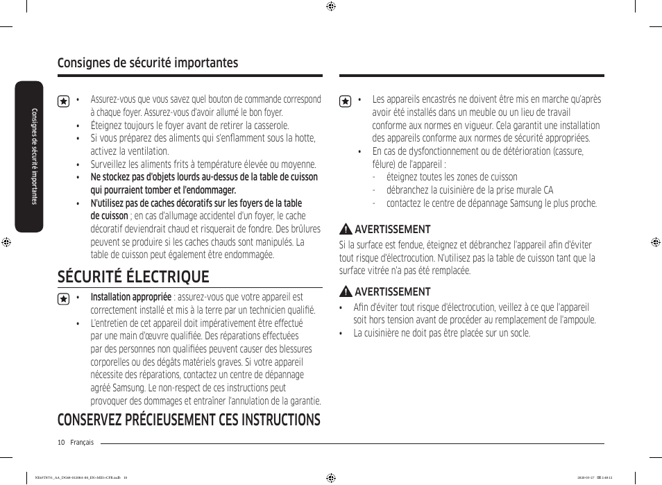 Conservez précieusement ces instructions, Sécurité électrique, Consignes de sécurité importantes | Samsung 30 Inch Slide-in Electric Smart Range Owner Manual User Manual | Page 154 / 216