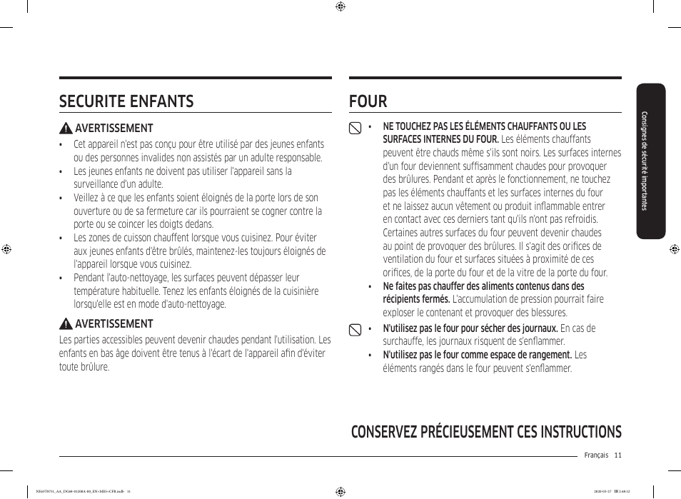 Conservez précieusement ces instructions four, Sécurité enfants | Samsung 30 Inch Slide-in Electric Smart Range Owner Manual User Manual | Page 155 / 216