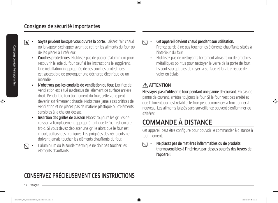 Conservez précieusement ces instructions, Commande à distance, Consignes de sécurité importantes | Samsung 30 Inch Slide-in Electric Smart Range Owner Manual User Manual | Page 156 / 216