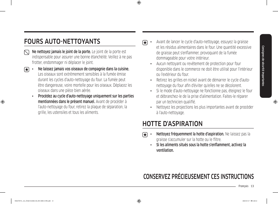 Conservez précieusement ces instructions, Hotte d'aspiration, Fours auto-nettoyants | Samsung 30 Inch Slide-in Electric Smart Range Owner Manual User Manual | Page 157 / 216