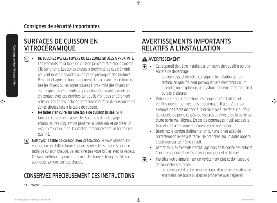 Surfaces de cuisson en vitrocéramique, Consignes de sécurité importantes | Samsung 30 Inch Slide-in Electric Smart Range Owner Manual User Manual | Page 158 / 216