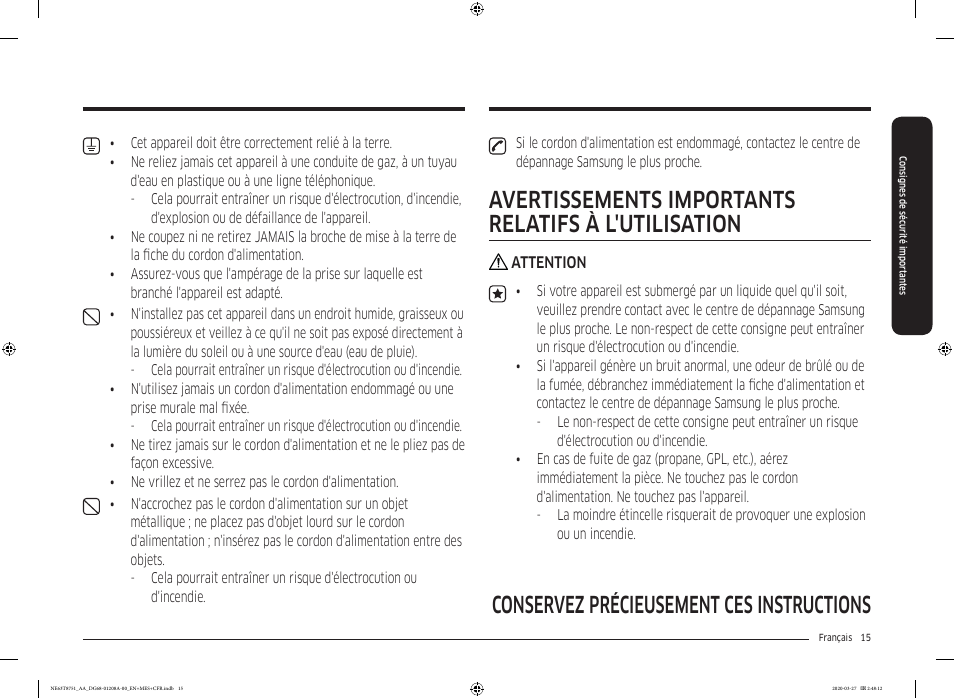 Conservez précieusement ces instructions, Avertissements importants relatifs à l'utilisation | Samsung 30 Inch Slide-in Electric Smart Range Owner Manual User Manual | Page 159 / 216