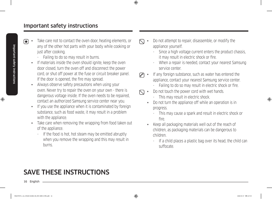 Save these instructions, Important safety instructions | Samsung 30 Inch Slide-in Electric Smart Range Owner Manual User Manual | Page 16 / 216