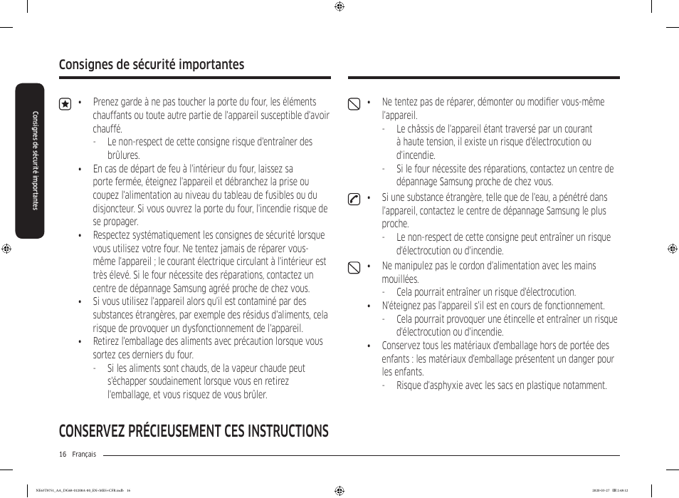 Conservez précieusement ces instructions, Consignes de sécurité importantes | Samsung 30 Inch Slide-in Electric Smart Range Owner Manual User Manual | Page 160 / 216