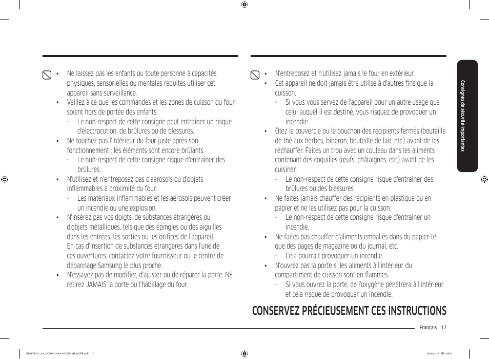 Conservez précieusement ces instructions | Samsung 30 Inch Slide-in Electric Smart Range Owner Manual User Manual | Page 161 / 216