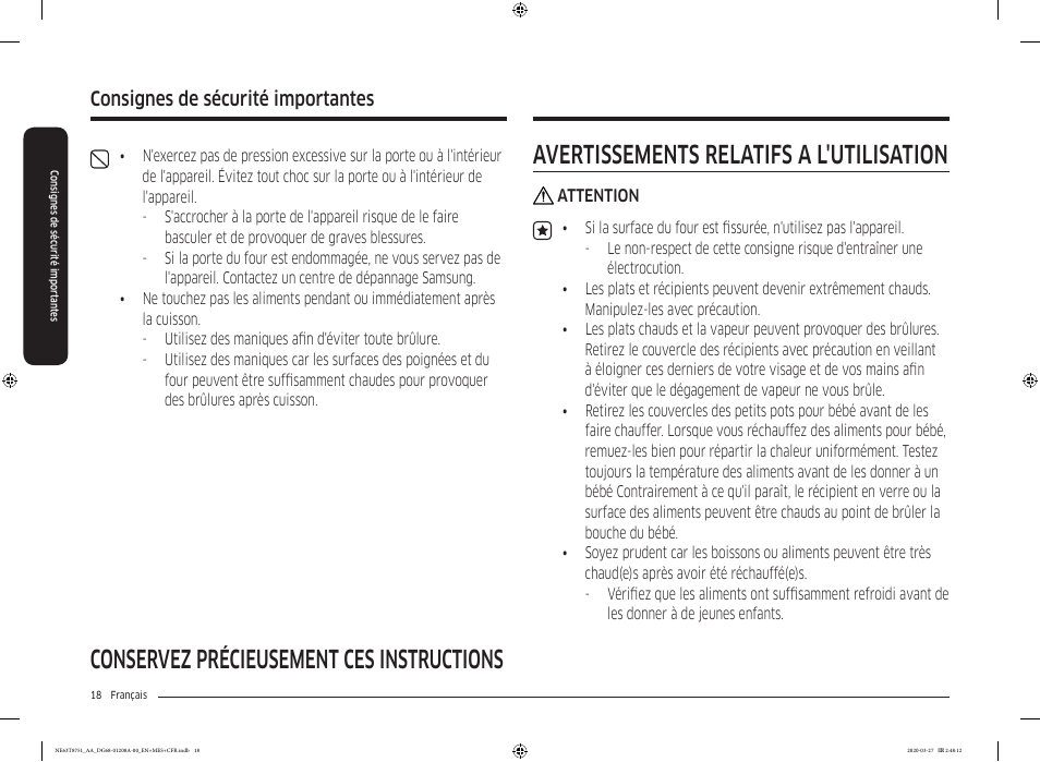 Consignes de sécurité importantes | Samsung 30 Inch Slide-in Electric Smart Range Owner Manual User Manual | Page 162 / 216