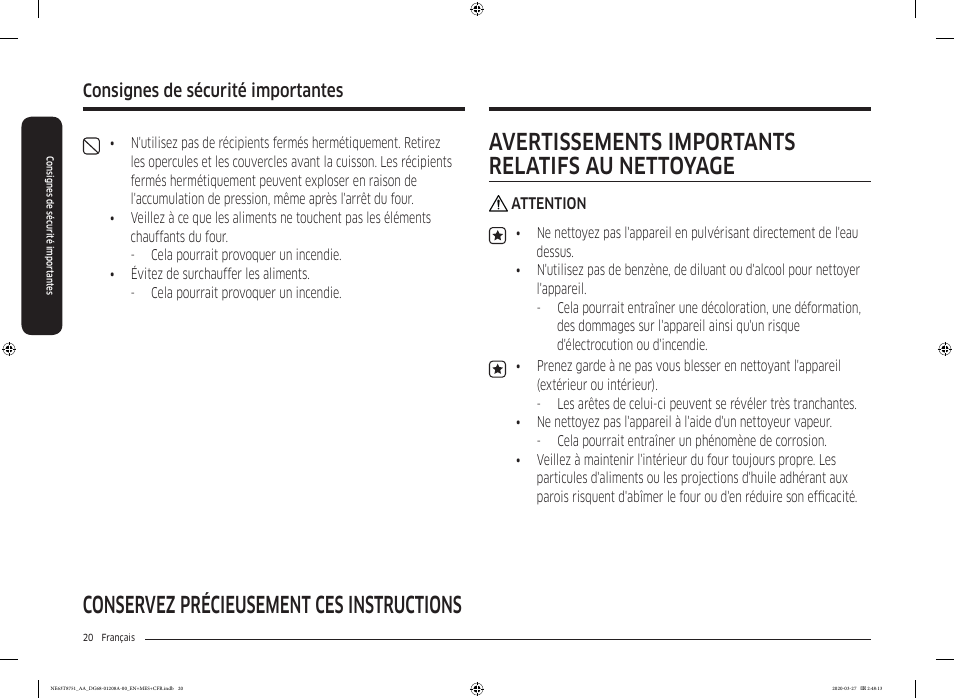 Conservez précieusement ces instructions, Avertissements importants relatifs au nettoyage, Consignes de sécurité importantes | Samsung 30 Inch Slide-in Electric Smart Range Owner Manual User Manual | Page 164 / 216